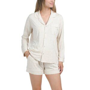 LATTE LOVE Sandshell Long Sleeve Notch Collar Top And Shorts Pajama Set